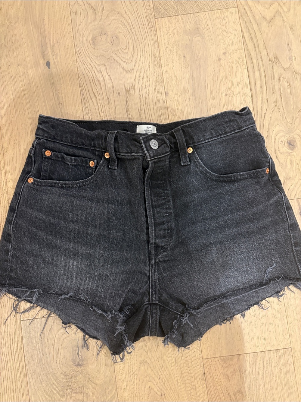 Levi's Washed Black High-Waist Frayed Denim Shorts